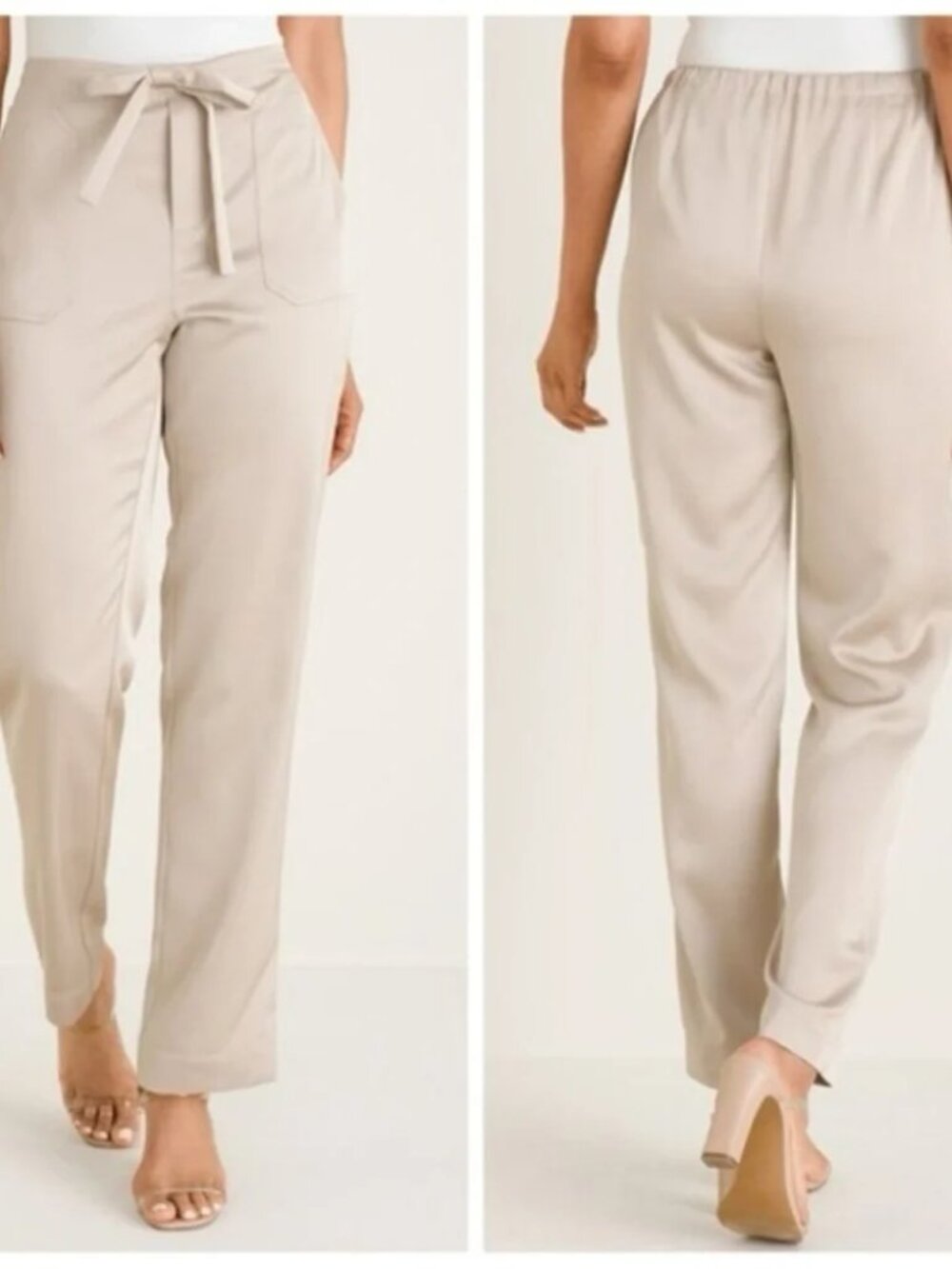 Chico's | Black Label Champagne Tie-Waist Pull-On Straight Leg Trousers Large